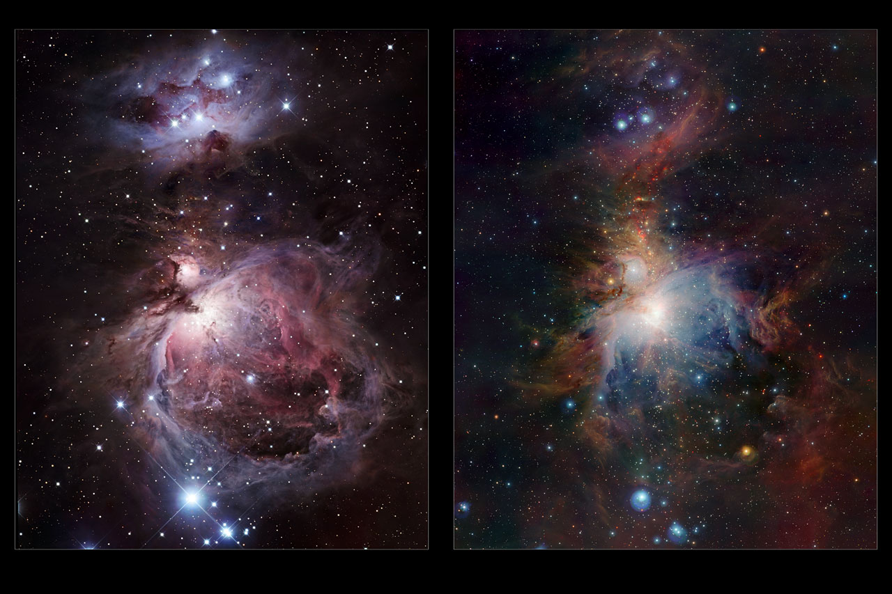 The left-hand panel shows the Orion Nebula in visible light. Most of the light from the spectacular clouds comes from hydrogen gas glowing under the fierce ultraviolet glare from the central hot young stars. The region above the centre is clearly obscured by dust clouds. On the right the VISTA infrared view is shown. By observing infrared light many new features appear, including large numbers of young stars close to the centre and many curious red objects, associated with young stars and their outflows, in the region above the centre.