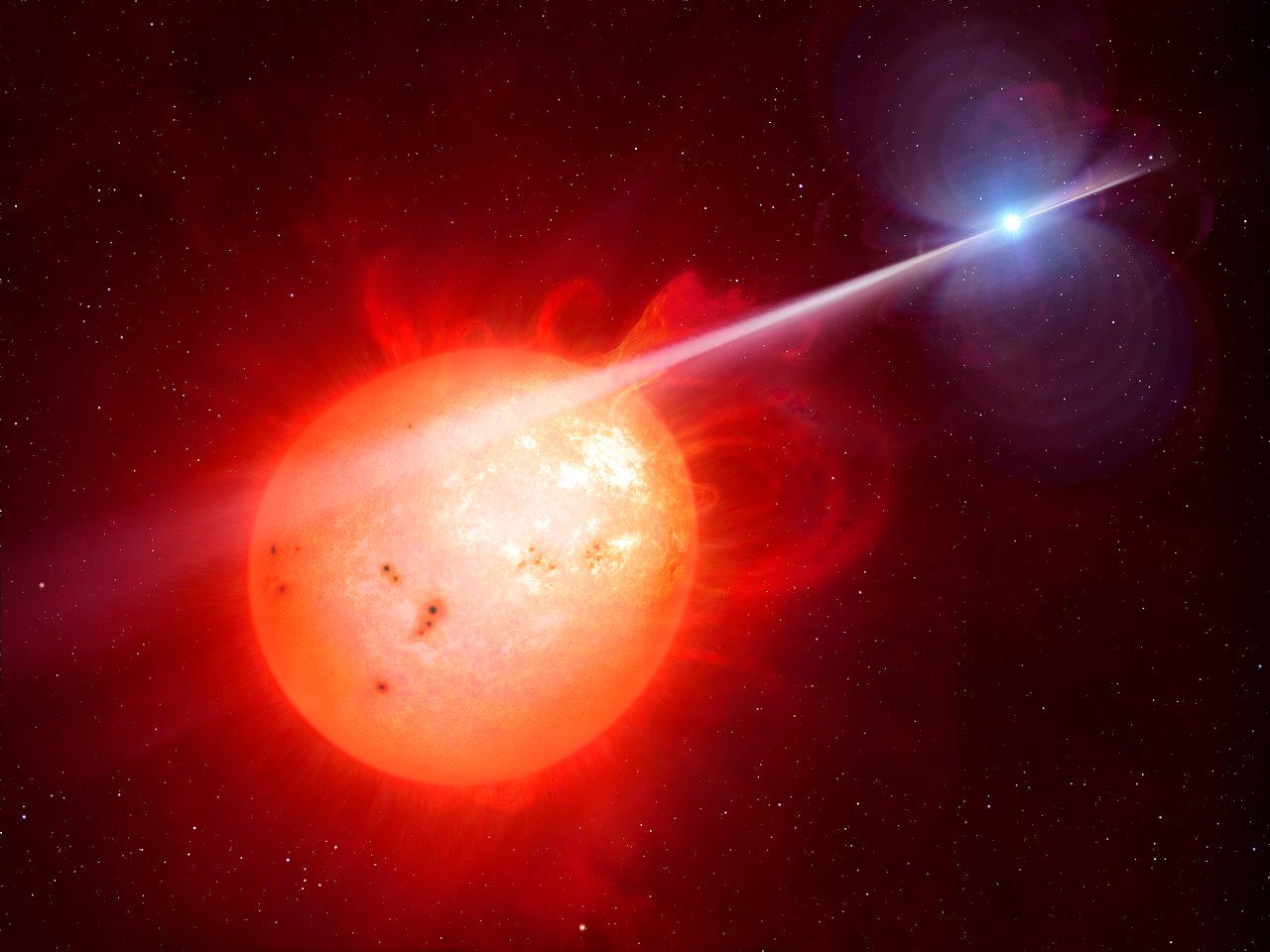 This artist’s impression shows the strange object AR Scorpii. In this unique double star a rapidly spinning white dwarf star (right) powers electrons up to almost the speed of light. These high energy particles release blasts of radiation that lash the companion red dwarf star (left) and cause the entire system to pulse dramatically every 1.97 minutes with radiation ranging from the ultraviolet to radio.