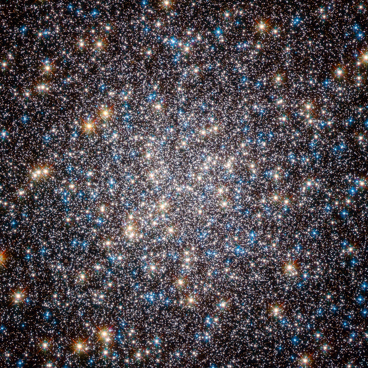 This image, taken by the Advanced Camera for Surveys on the Hubble Space Telescope, shows the core of the great globular cluster Messier 13 and provides an extraordinarily clear view of the hundreds of thousands of stars in the cluster, one of the brightest and best known in the sky. Just 25 000 light-years away and about 145 light-years in diameter, Messier 13 has drawn the eye since its discovery by Edmund Halley, the noted British astronomer, in 1714. The cluster lies in the constellation of Hercules and is so bright that under the right conditions it is even visible to the unaided eye. As Halley wrote: “This is but a little Patch, but it shews it self to the naked Eye, when the Sky is serene and the Moon absent.” Messier 13 was the target of a symbolic Arecibo radio telescope message that was sent in 1974, communicating humanity’s existence to possible extraterrestrial intelligences. However, more recent studies suggest that planets are very rare in the dense environments of globular clusters. Messier 13 has also appeared in literature. In his 1959 novel, The Sirens of Titan, Kurt Vonnegut wrote “Every passing hour brings the Solar System forty-three thousand miles closer to Globular Cluster M13 in Hercules — and still there are some misfits who insist that there is no such thing as progress.” The step from Halley’s early telescopic view to this Hubble image indicates some measure of the progress in astronomy in the last three hundred years. This picture was created from images taken with the Wide Field Channel of the Advanced Camera for Surveys on the Hubble Space Telescope. Data through a blue filter (F435W) are coloured blue, data through a red filter (F625W) are coloured green and near-infrared data (through the F814W filter) are coloured red. The exposure times are 1480 s, 380 s and 567 s respectively and the field of view is about 2.5 arcminutes across.