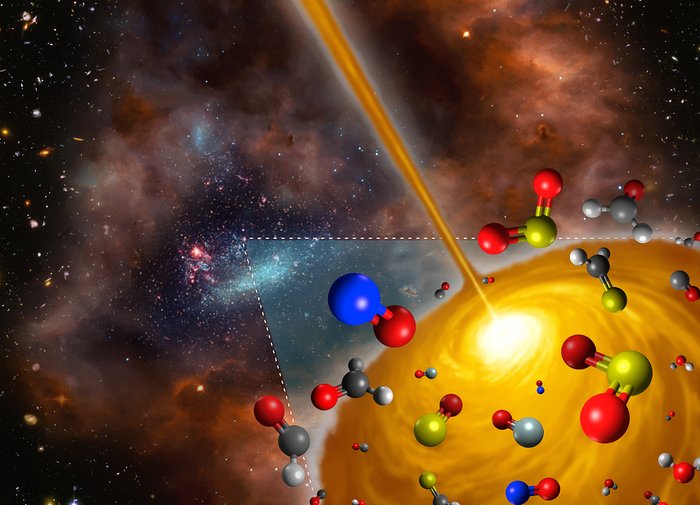 This artist’s impression shows the molecules found in a hot molecular core in the Large Magellanic Cloud using ALMA. This core is the first such object to be found outside the Milky Way, and it has significantly different chemical makeup to those found in our own galaxy. The figure is a derivative work based on material from the following sources: ESO/M. Kornmesser; NASA, ESA, and S. Beckwith (STScI) and the HUDF Team; NASA/ESA and the Hubble Heritage Team (AURA/STScI)/HEI.