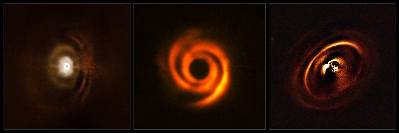 These three planetary discs have been observed with the SPHERE instrument, mounted on ESO’s Very Large Telescope. The observations were made in order to shed light on the enigmatic evolution of fledgling planetary systems. The central parts of the images appear dark because SPHERE blocks out the light from the brilliant central stars to reveal the much fainter structures surrounding them.