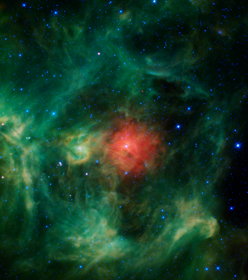 In keeping with the spirit of the holidays, NASA’s Wide-field Infrared Survey Explorer (WISE) mission presents the “Wreath Nebula”. Though this isn’t the nebula’s official name (it’s actually called Barnard 3 or IRAS Ring G159.6-18.5), it’s easy to picture a wreath in these bright green and red dust clouds -- a ring of evergreens donned with a festive red bow, a jaunty sprig of holly, and silver bells throughout. Interstellar clouds like these are stellar nurseries, places where baby stars are being born.

The green ring (evergreen) is made of tiny particles of warm dust whose composition is very similar to smog found here on Earth. The red cloud (bow) in the middle is probably made of dust that is more metallic and cooler than the surrounding regions. The bright star in the middle of the red cloud, called HD 278942, is so luminous that it is likely what is causing most of the surrounding ring to glow. In fact its powerful stellar winds are what cleared out the surrounding warm dust and created the ring-shaped feature in the first place. The bright greenish-yellow region left of center (holly) is similar to the ring, though more dense. The bluish-white stars (silver bells) scattered throughout are stars located both in front of, and behind, the nebula.

Regions similar to the "Wreath nebula" are found near the band of the Milky Way in the night sky. The wreath is slightly off of this band, near the boundary between the constellations of Perseus and Taurus, but at a relatively close distance of only about 1,000 light-years, the cloud is a still part of our Milky Way galaxy.

The colors used in this image represent specific wavelengths of infrared light. Blue and cyan (blue-green) represent light emitted at wavelengths of 3.4 and 4.6 microns, which is predominantly from stars. Green and red represent light from 12 and 22 microns, respectively, which is mostly emitted by dust.