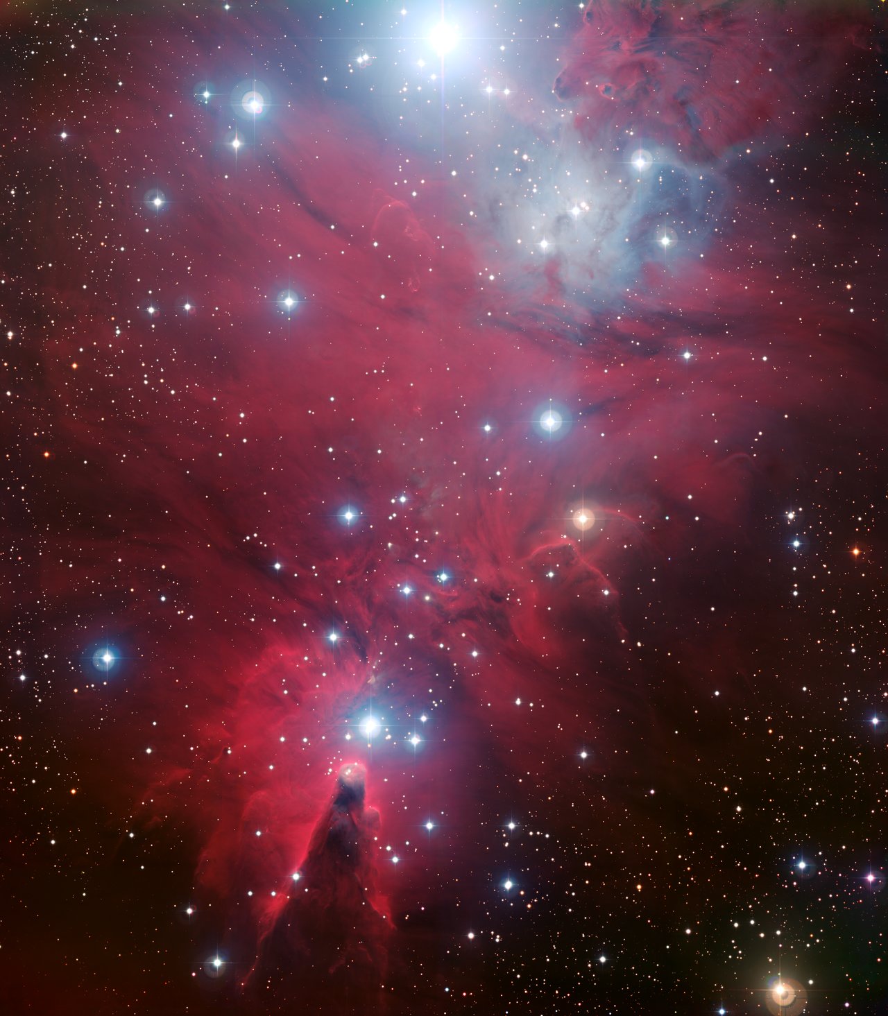 This colour image of the region known as NGC 2264 — an area of sky that includes the sparkling blue baubles of the Christmas Tree star cluster and the Cone Nebula — was created from data taken through four different filters (B, V, R and H-alpha) with the Wide Field Imager at ESO's La Silla Observatory, 2400 m high in the Atacama Desert of Chile in the foothills of the Andes. The image shows a region of space about 30 light-years across. This image is available as a mounted image in the ESOshop. #L