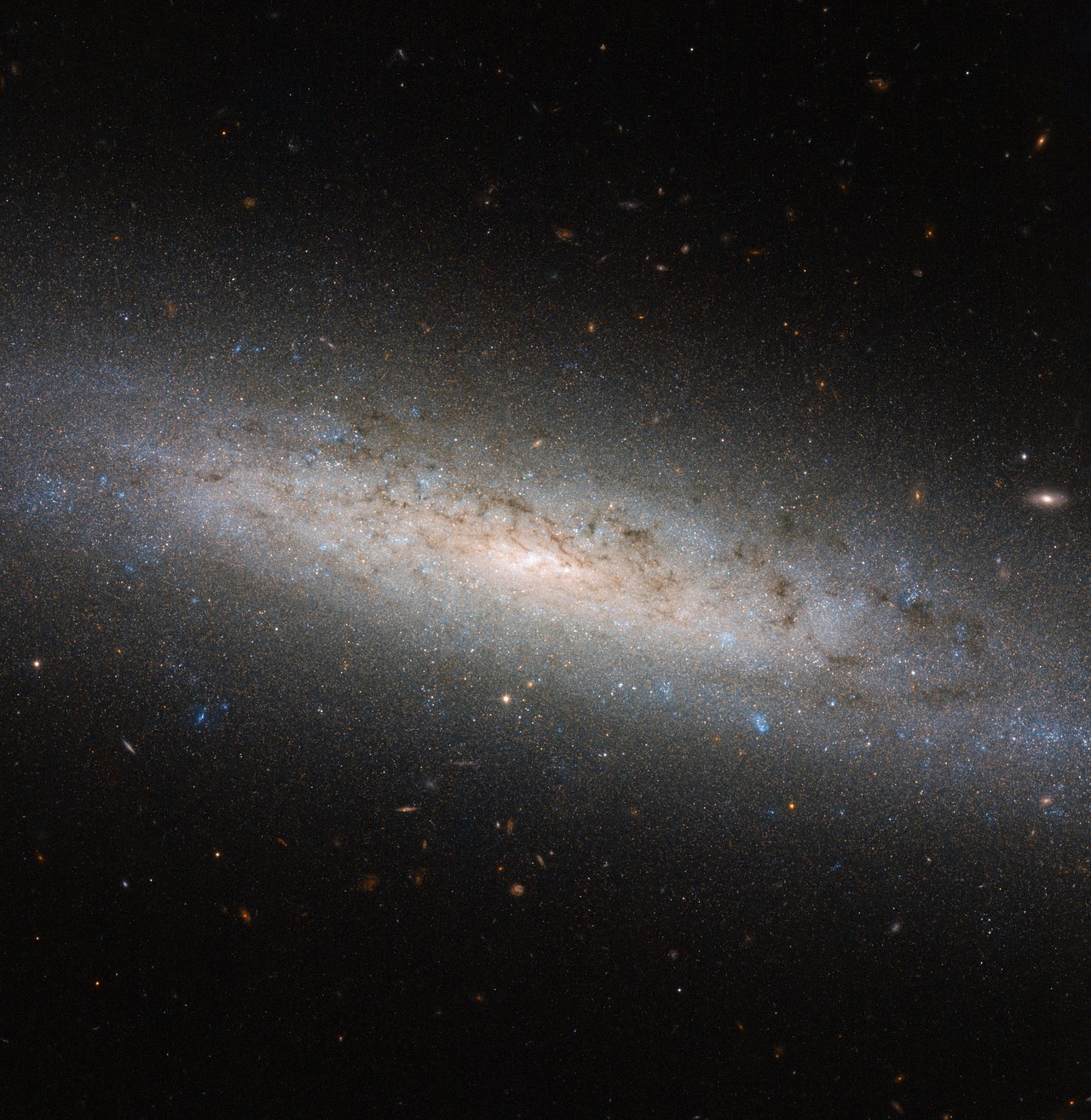   This shining disc of a spiral galaxy sits approximately 25 million light-years away from Earth in the constellation of Sculptor. Named NGC 24, the galaxy was discovered by British astronomer William Herschel in 1785, and measures some 40 000 light-years across. This picture was taken using the NASA/ESA Hubble Space Telescope’s Advanced Camera for Surveys, known as ACS for short. It shows NGC 24 in detail, highlighting the blue bursts (young stars), dark lanes (cosmic dust), and red bubbles (hydrogen gas) of material peppered throughout the galaxy’s spiral arms. Numerous distant galaxies can also been seen hovering around NGC 24’s perimeter. However, there may be more to this picture than first meets the eye. Astronomers suspect that spiral galaxies like NGC 24 and the Milky Way are surrounded by, and contained within, extended haloes of dark matter. Dark matter is a mysterious substance that cannot be seen; instead, it reveals itself via its gravitational interactions with surrounding material. Its existence was originally proposed to explain why the outer parts of galaxies, including our own, rotate unexpectedly fast, but it is thought to also play an essential role in a galaxy’s formation and evolution. Most of NGC 24’s mass — a whopping 80 % — is thought to be held within such a dark halo.