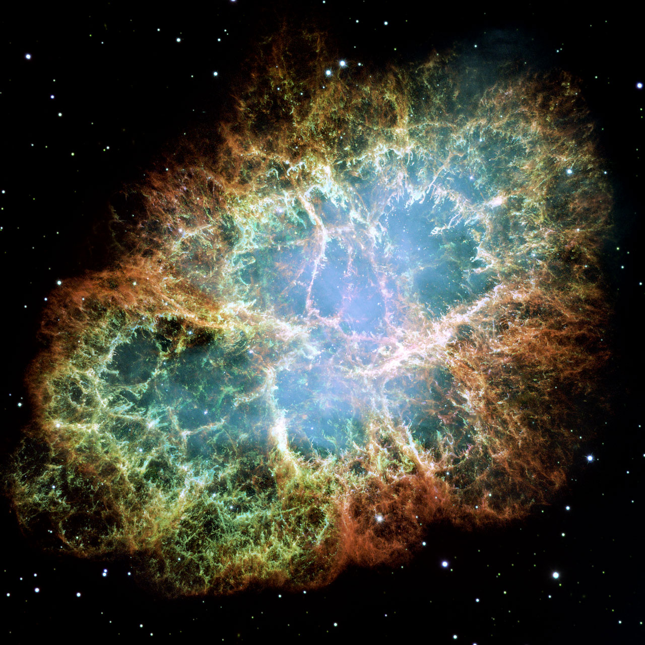 This Hubble image gives the most detailed view of the entire Crab Nebula ever. The Crab is among the most interesting and well studied objects in astronomy. This image is the largest image ever taken with Hubble's WFPC2 camera. It was assembled from 24 individual exposures taken with the NASA/ESA Hubble Space Telescope and is the highest resolution image of the entire Crab Nebula ever made.