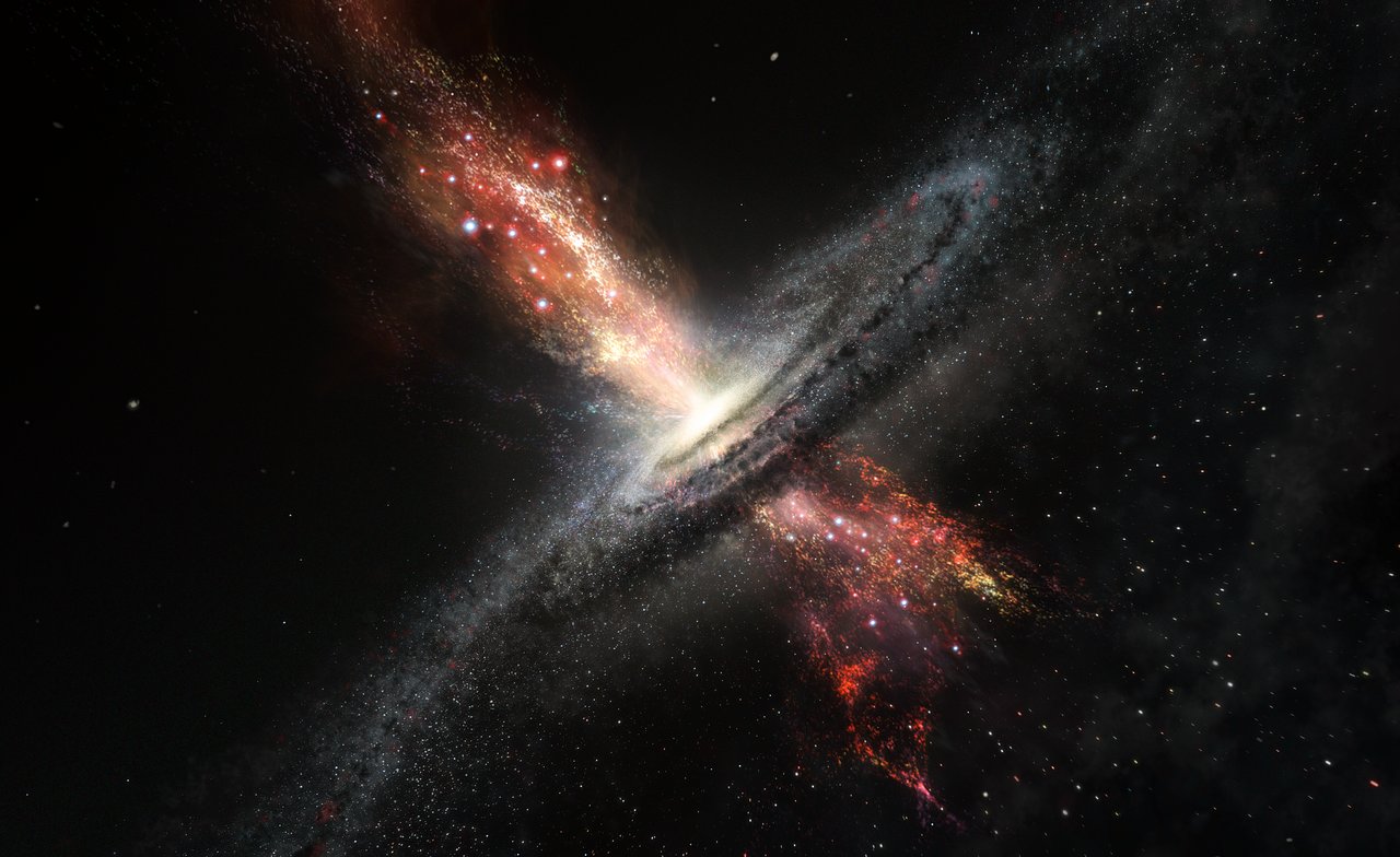 Artist’s impression of a galaxy forming stars within powerful outflows of material blasted out from supermassive black holes at its core. Results from ESO’s Very Large Telescope are the first confirmed observations of stars forming in this kind of extreme environment. The discovery has many consequences for understanding galaxy properties and evolution.
