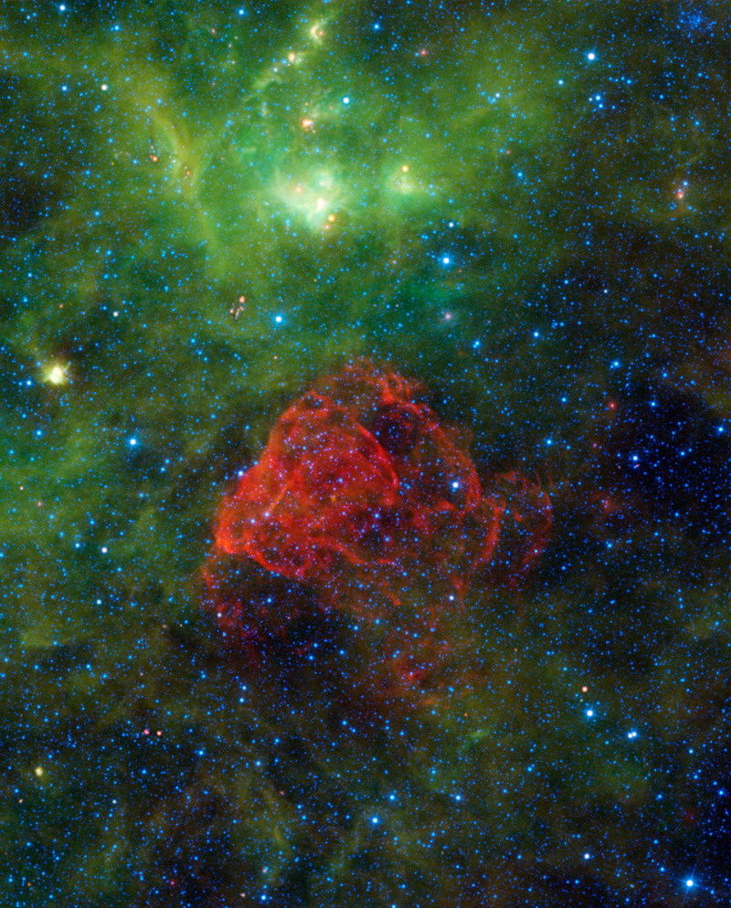 About 3,700 years ago, people on Earth would have seen a brand-new bright star in the sky. As it slowly dimmed out of sight, it was eventually forgotten, until modern astronomers found its remains -- called Puppis A . Seen as a red dusty cloud in this image from NASA’s Wide-field Infrared Survey Explorer, or WISE, Puppis A is the remnant of a supernova explosion.

Puppis A (pronounced PUP-pis) was formed when a massive star ended its life in an extremely bright and powerful explosion. The expanding shock waves from that explosion are heating up the dust and gas clouds surrounding the supernova, causing them to glow and creating the beautiful red cloud we see here. Much of the material from that original star was violently thrown out into space. However, some of the material remained in an incredibly dense object called a neutron star. This particular neutron star (too faint to be seen in this image) is moving inexplicably fast: over 3 million miles per hour! Astronomers are perplexed over its absurd speed, and have nicknamed the object, the “Cosmic Cannonball."

Some of the green-colored gas and dust in the image is from yet another ancient supernova -- the Vela supernova remnant. That explosion happened around 12,000 years ago and was four times closer to us than Puppis A. If you had X-ray vision like the comic book hero Superman, both of these remnants would be among the largest and brightest objects you would see in the sky.

This image was made from observations by all four infrared detectors aboard WISE. Blue and cyan (blue-green) represent infrared light at wavelengths of 3.4 and 4.6 microns, which is primarily from stars, the hottest objects pictured. Green and red represent light at 12 and 22 microns, which is primarily from warm dust.