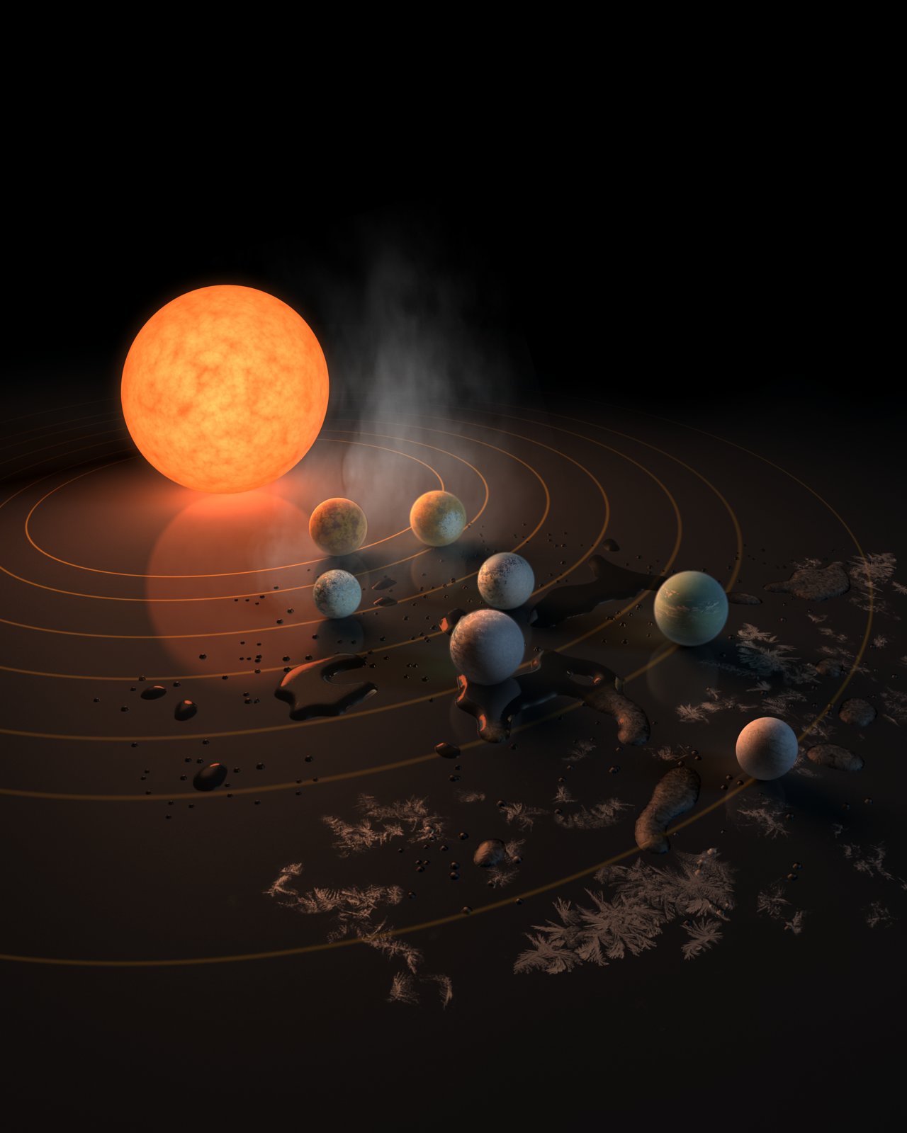 This artist’s impression displays TRAPPIST-1 and its planets reflected in a surface. The potential for water on each of the worlds is also represented by the frost, water pools, and steam surrounding the scene. The image appears on the 22 February 2017 Nature cover.