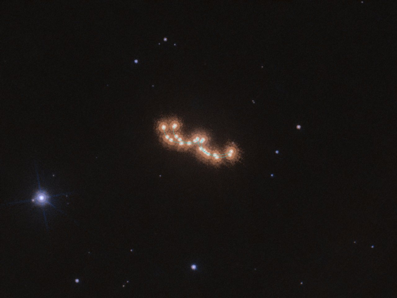 This seemingly unspectacular series of dots with varying distances between them actually shows the slow waltz of two brown dwarfs. The image is a stack of 12 images made over the course of three years with the NASA/ESA Hubble Space Telescope. Using high-precision astrometry, an Italian-led team of astronomers tracked the two components of the system as they moved both across the sky and around each other. The observed system, Luhman 16AB, is only about six light-years away and is the third closest stellar system to Earth — after the triple star system Alpha Centauri and Barnard’s Star. Despite its proximity, Luhman 16AB was only discovered in 2013 by the astronomer Kevin Luhman. The two brown dwarfs that make up the system, Luhman 16A and Luhman 16B, orbit each other at a distance of only three times the distance between the Earth and the Sun, and so these observations are a showcase for Hubble’s precision and high resolution. The astronomers using Hubble to study Luhman 16AB were not only interested in the waltz of the two brown dwarfs, but were also searching for a third, invisible, dancing partner. Earlier observations with ESO’s Very Large Telescope indicated the presence of an exoplanet in the system. The team wanted to verify this claim by analysing the movement of the brown dwarfs in great detail over a long period of time, but the Hubble data showed that the two dwarfs are indeed dancing alone, unperturbed by a massive planetary companion. Links:  INAF press release (Italian) Video on waltzing dwarfs