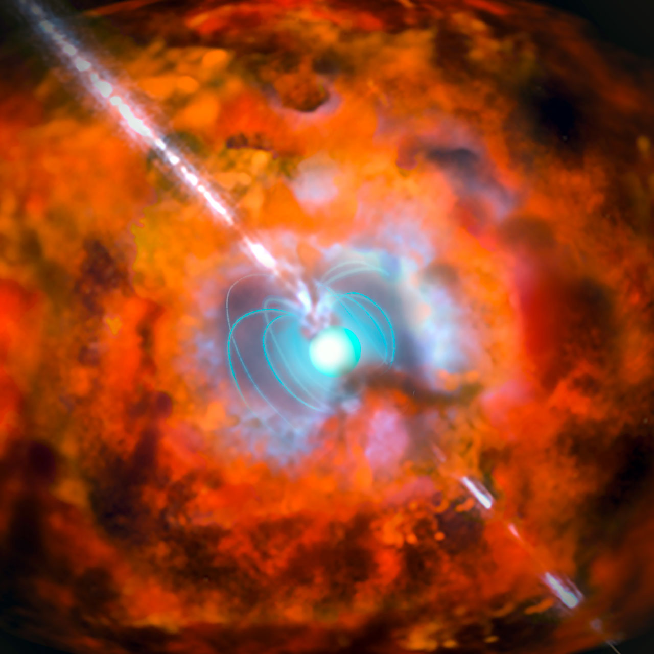 This artist’s impression shows a supernova and associated gamma-ray burst driven by a rapidly spinning neutron star with a very strong magnetic field — an exotic object known as a magnetar. Observations from ESO’s La Silla and Paranal Observatories in Chile have for the first time demonstrated a link between a very long-lasting burst of gamma rays and an unusually bright supernova explosion. The results show that the supernova following the burst GRB 111209A was not driven by radioactive decay, as expected, but was instead powered by the decaying super-strong magnetic fields around a magnetar.