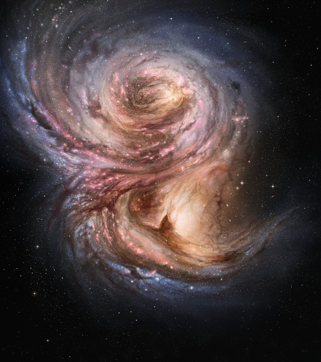 This artist’s impression of the distant galaxy SMM J2135-0102 shows large bright clouds a few hundred light-years in size, which are regions of active star formation. These “star factories” are similar in size to those in the Milky Way, but one hundred times more luminous, suggesting that star formation in the early life of these galaxies is a much more vigorous process than typically found in local galaxies.