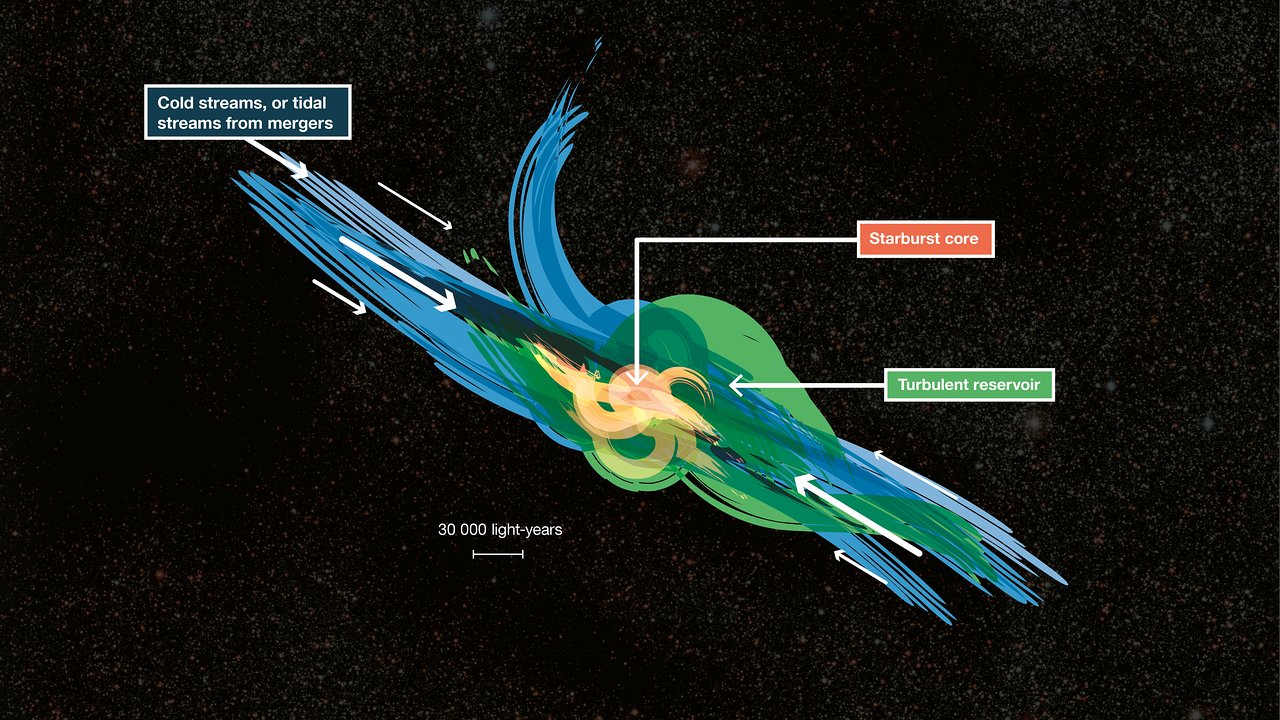 This cartoon shows how gas falling into distant starburst galaxies ends up in vast turbulent reservoirs of cool gas extending 30 000 light-years from the central regions. ALMA has been used to detect these turbulent reservoirs of cold gas surrounding similar distant starburst galaxies. By detecting CH+ for the first time in the distant Universe, this research opens up a new window of exploration into a critical epoch of star formation.