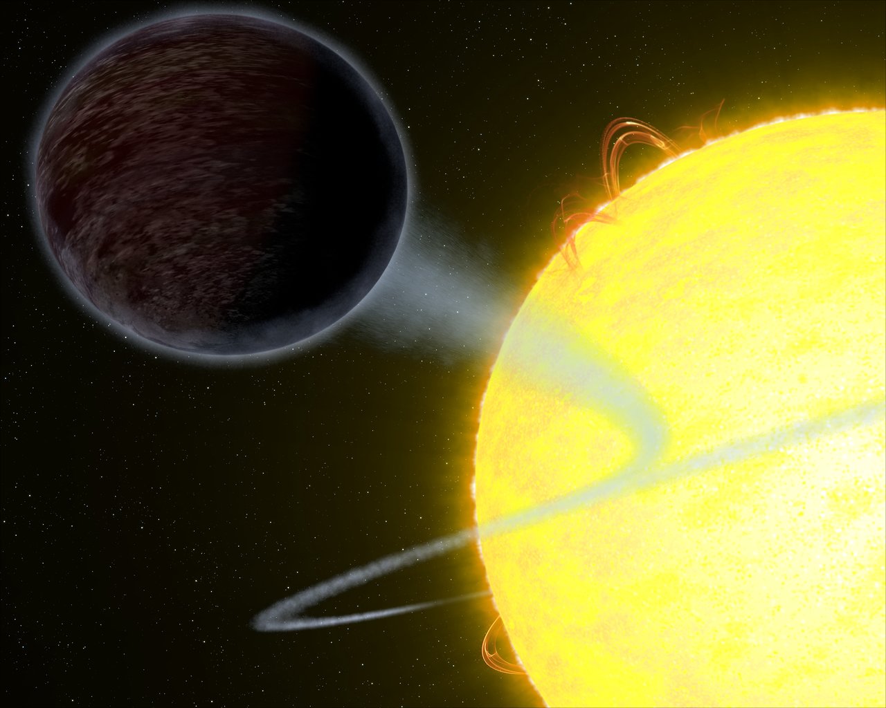 This artist’s impression shows the exoplanet WASP-12b — an alien world as black as fresh asphalt, orbiting a star like our Sun. Scientists were able to measure its albedo: the amount of light the planet reflects. The results showed that the planet is extremely dark at optical wavelengths.