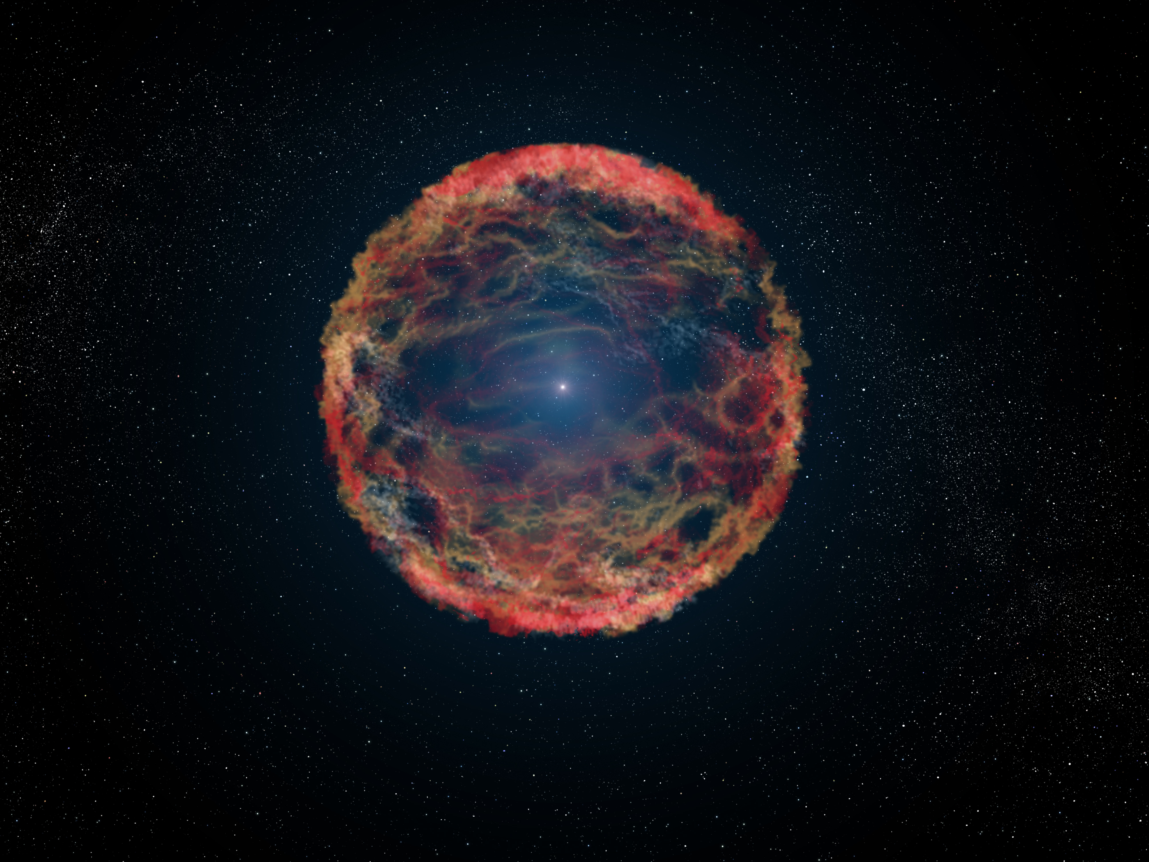 This is an artist's impression of supernova 1993J, an exploding star in the galaxy M81 whose light reached us 21 years ago. The supernova originated in a double-star system where one member was a massive star that exploded after siphoning most of its hydrogen envelope to its companion star. After two decades, astronomers have at last identified the blue helium-burning companion star, seen at the center of the expanding nebula of debris from the supernova. The NASA/ESA Hubble Space Telescope identified the ultraviolet glow of the surviving companion embedded in the fading glow of the supernova. Links:  NASA Press release Spiral galaxy M81 Supernova 1993J in spiral galaxy M81 Supernova 1993J Scenario for Type IIb supernova 1993J