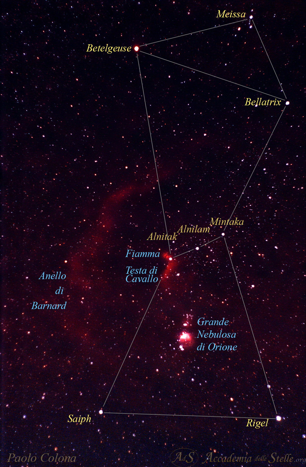 La costellazione di Orione con i nomi delle sue nebulose e stelle più brillanti. Foto di Paolo Colona.