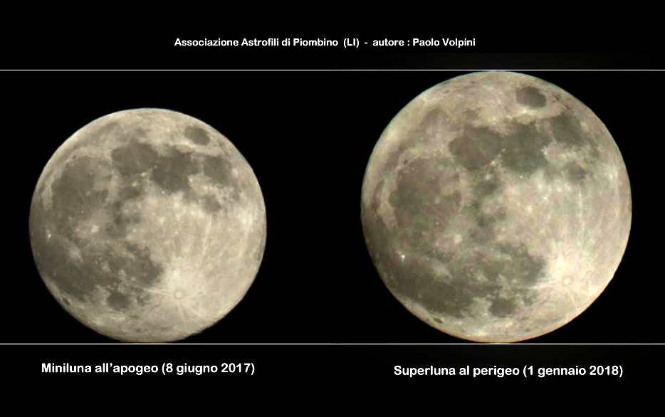 La superluna dell'1 gennaio 2018 a confronto con la più piccola Luna piena del 2017. (Adattamento di Paolo Colona)