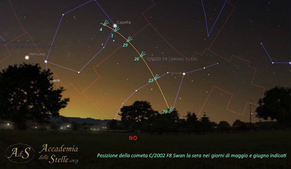 Carta stellare con la posizione della Cometa Swan tra maggio e giugno nel cielo della sera