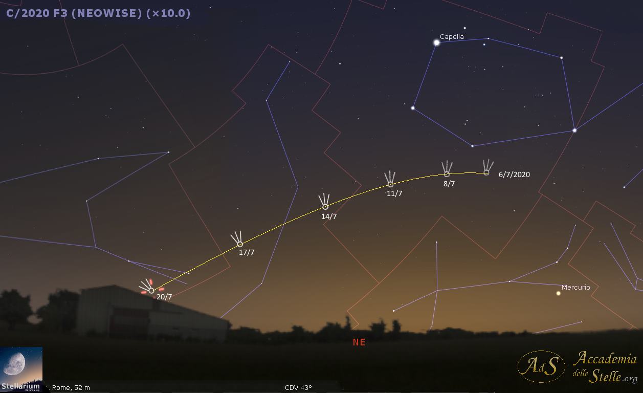 Mappa celeste per individuare la cometa nel cielo dell'alba. Attraversa le costellazioni di Auriga e Lince.