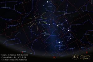 Sciame meteorico delle Geminidi: carta del cielo del 13 e 14 dicembre alle ore 23. È indicato il radiante meteorico, punto dal quale appaiono diramarsi le stelle cadenti.