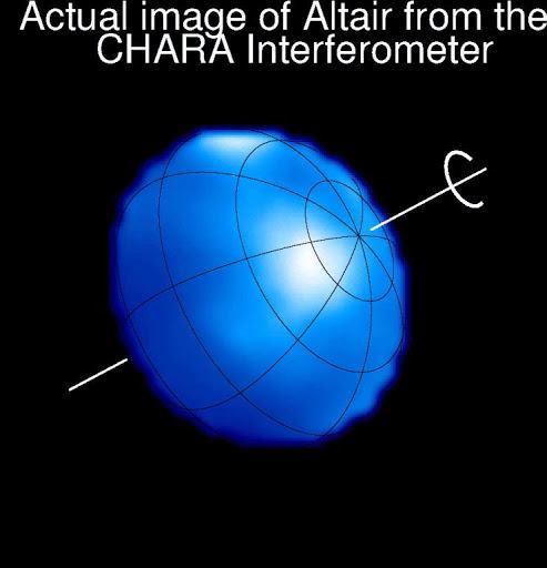 La forma reale della stella Altair  fotografata con l'interferometro CHARA: la sua rotazione di appena 8,6 ore, inferiore a quella di qualsiasi pianeta del Sistema Solare