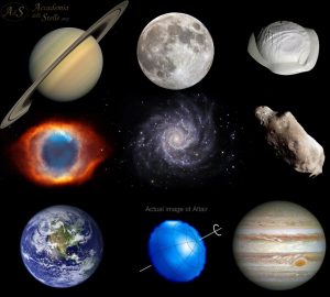 Alcuni astri: Saturno, Luna, Pan (luna di Saturno), nebulosa planetaria Elica, galassia a spirale M74, asteroide Ida, Terra, Altair, Giove.