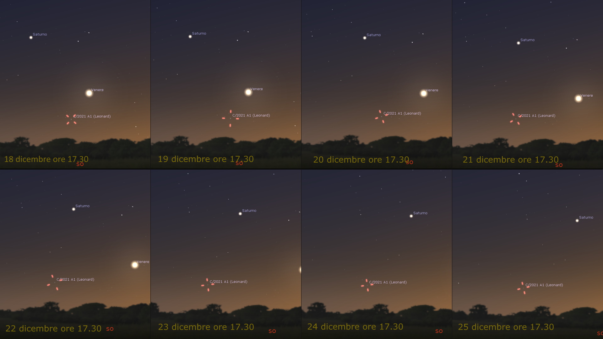 La posizione della cometa Leonard nel cielo del tramonto a dicembre