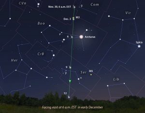 La posizione della Cometa Leonard nel cielo antelucano nella prima parte di dicembre. (Crediti Stellarium e Bob King)