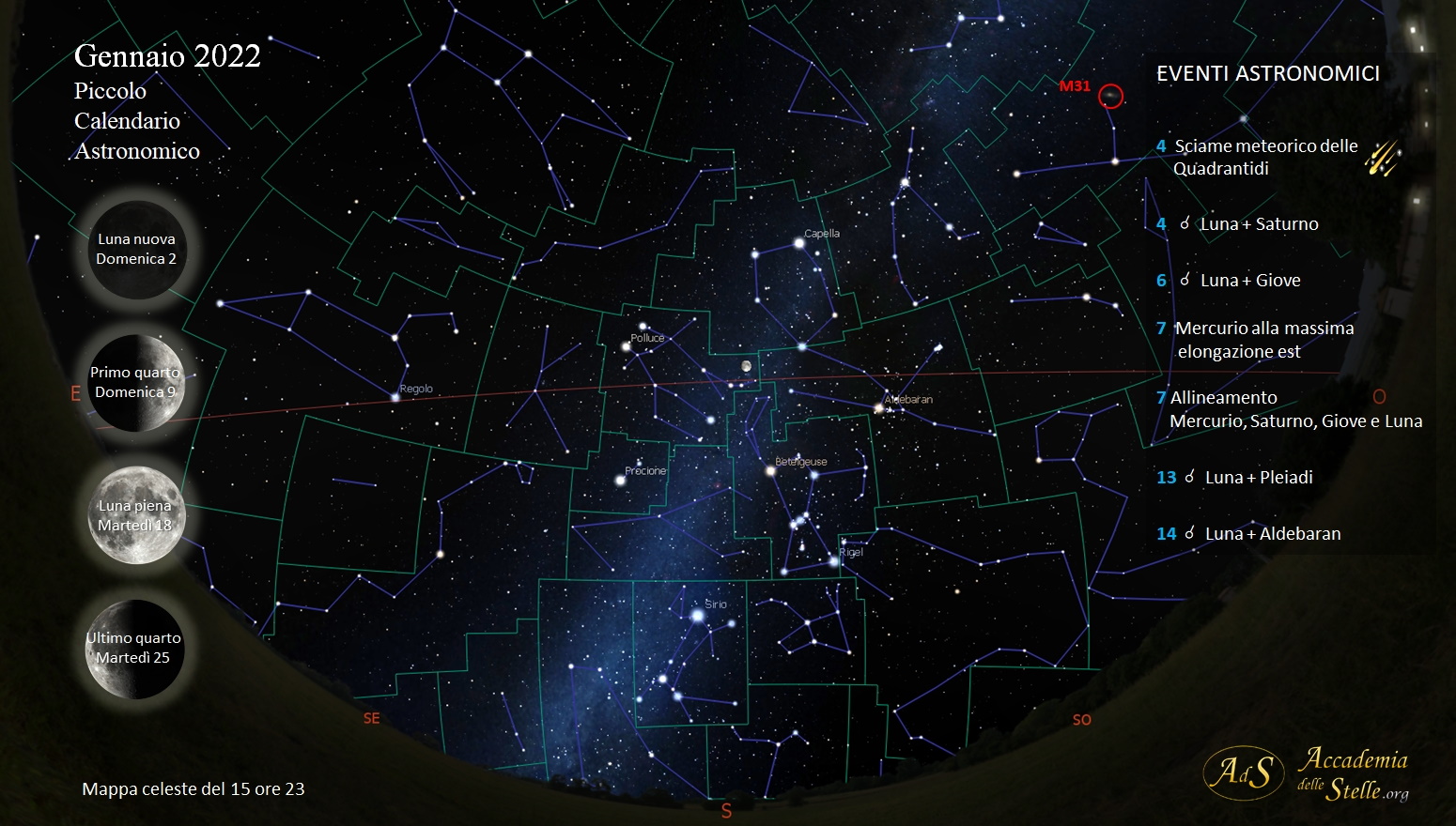 La mappa mostra il cielo del 15 gennaio alle ore 23, realizzata col software Stellarium