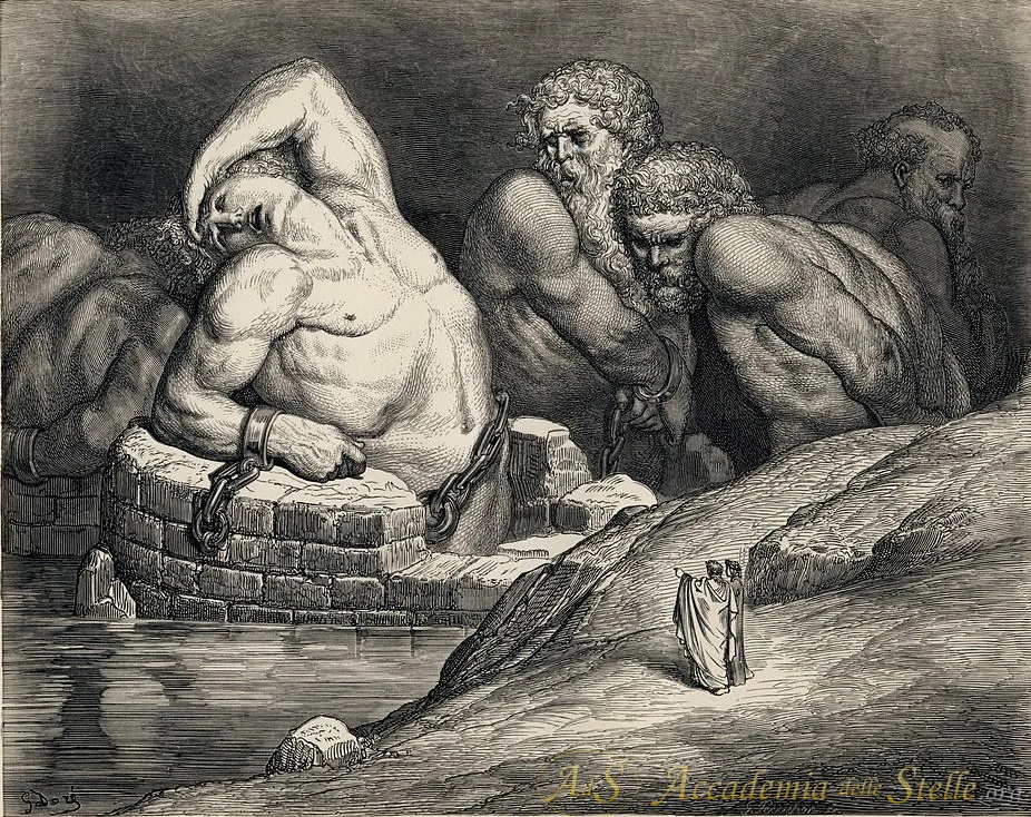 Efialte (che Dante chiama Fialte) è incatenato all'inferno in questa incisione di Gustave Dorè