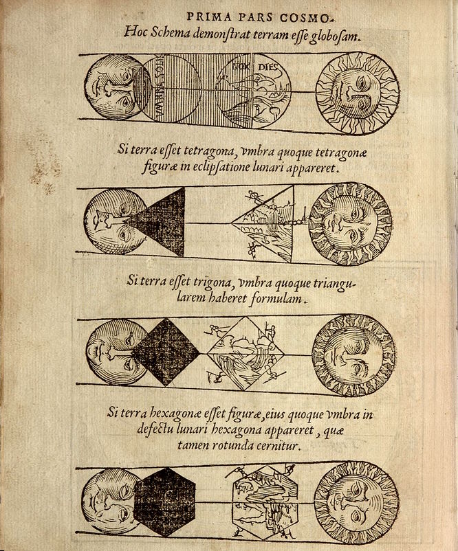 «Schema dimostrativo della sfericità terrestre» dalla Cosmographia di Pietro Apiano, 1530. La forma dell'ombra che la Terra proietta sulla Luna durante le eclissi dipende dalla forma stessa della Terra...