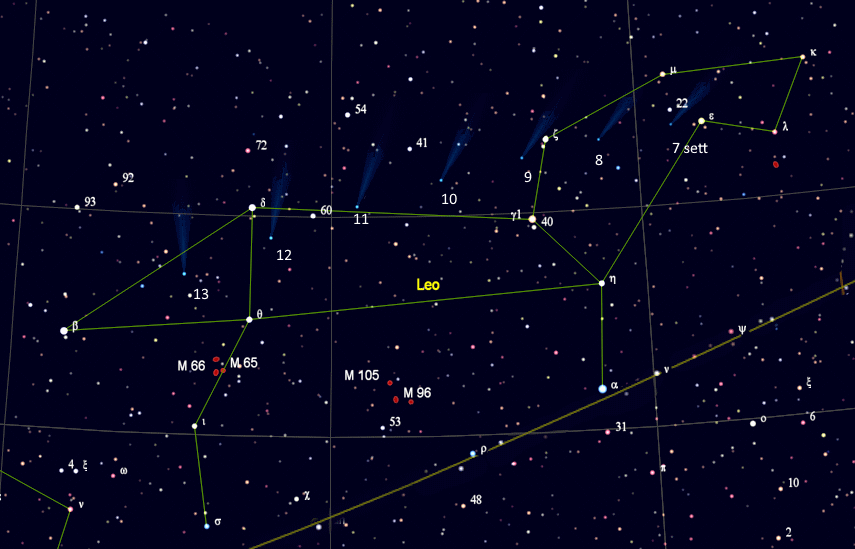Mappa per trovare la cometa Nishimura nella costellazione del Leone a inizio settembre