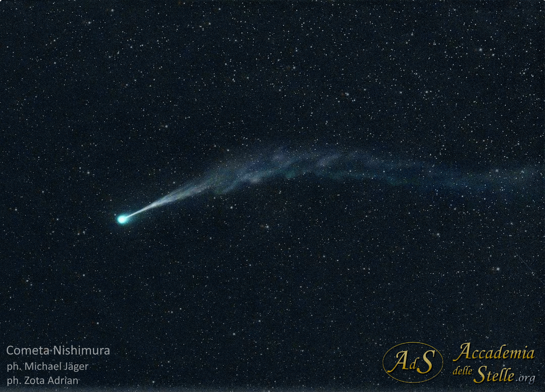 Immagine della Cometa Nishimura ripresa la mattina del 2 settembre. Foto originali di Michael Jäger e Adrian Zota, elaboazione Paolo Colona