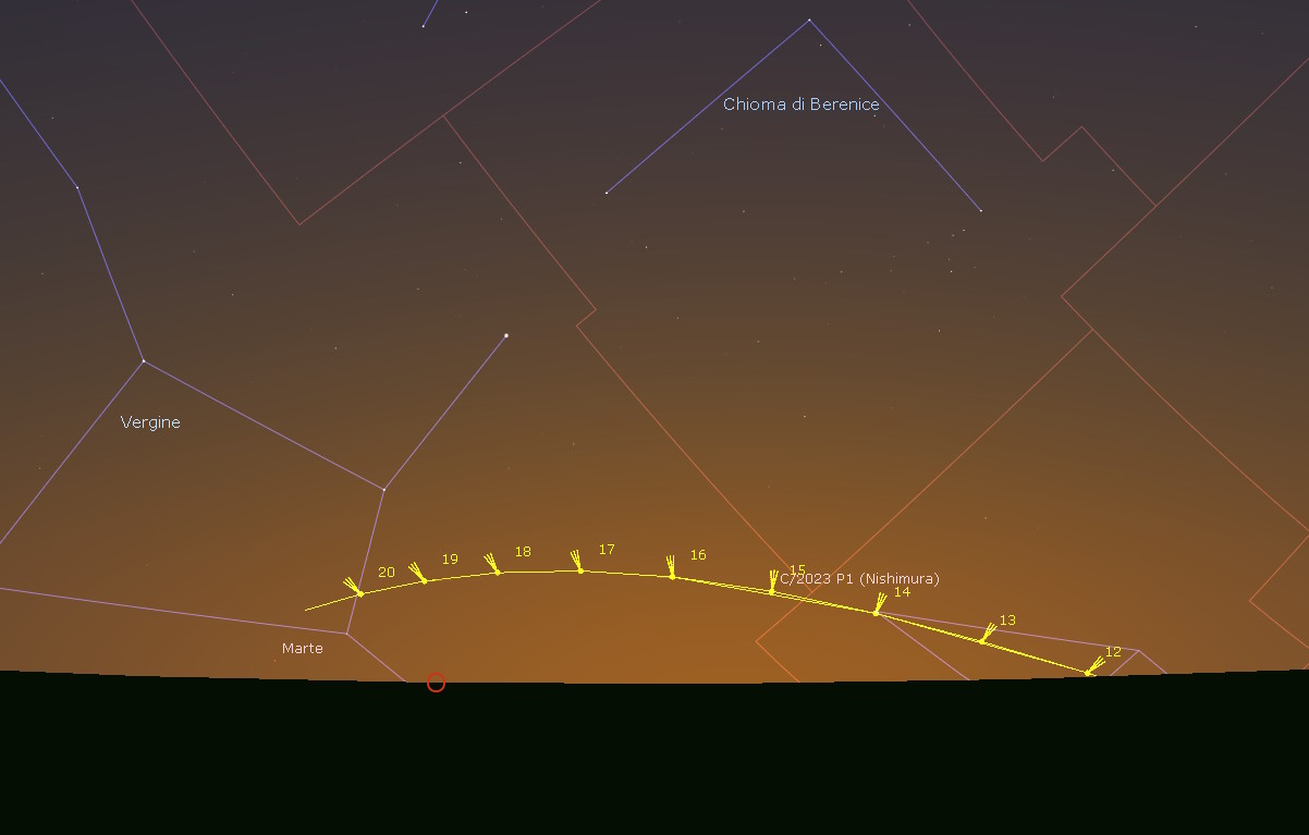 Uno sguardo all'orizzonte ovest con la posizione della cometa tra il 12 e il 21 settembre